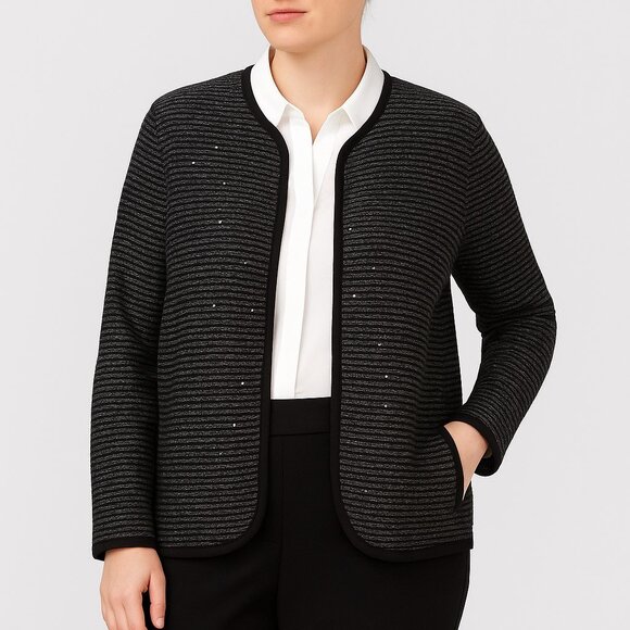 NY Collection Black Collarless Open Front Sequined Boucle Blazer Women Large NWT - Picture 1 of 9